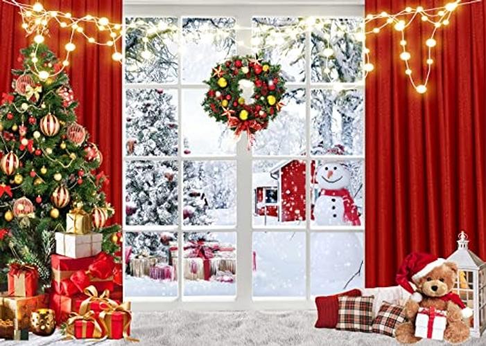 Red Window Background – 7x5FT Christmas Backdrop – Winter Snow – Snow Tree