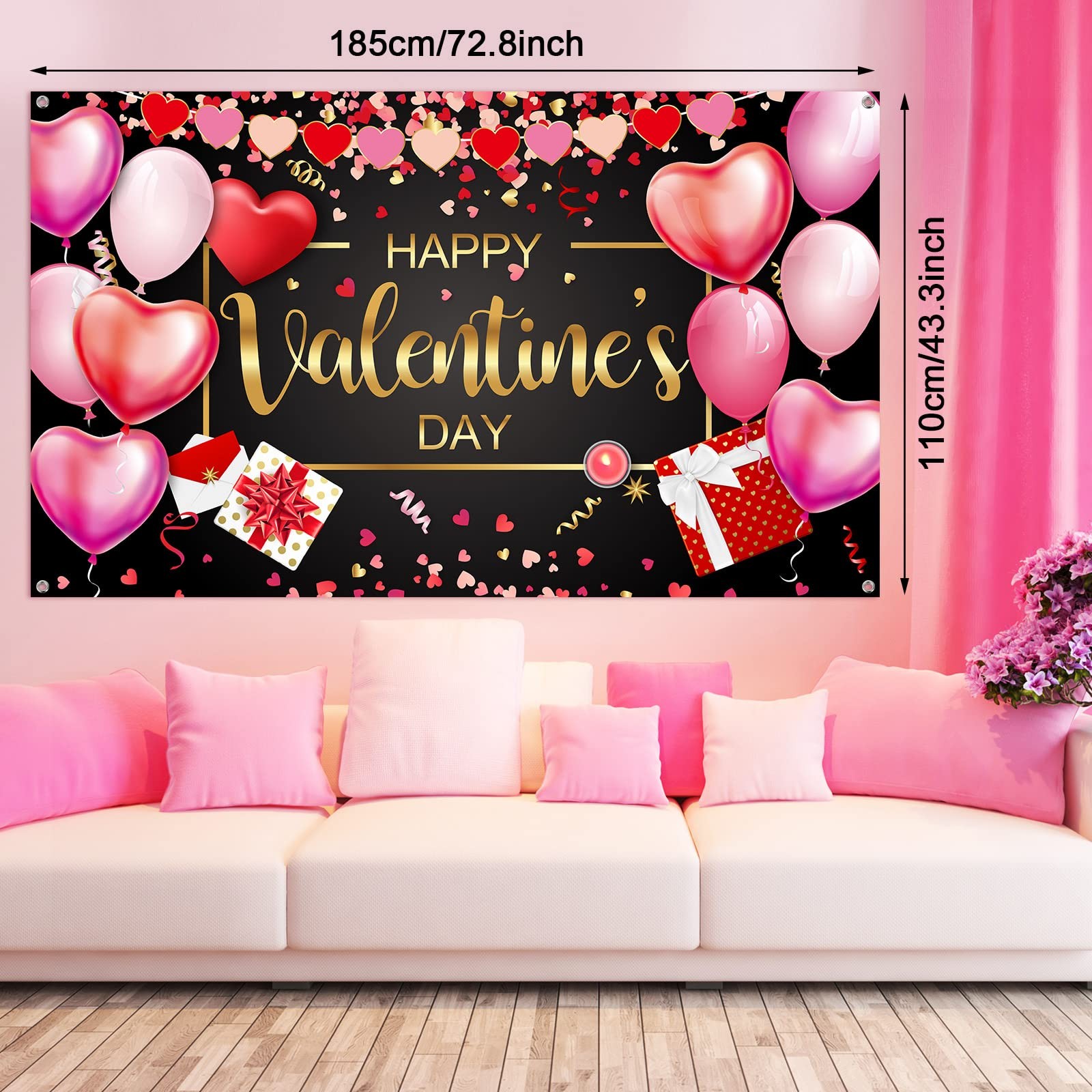 Happy Valentine’s Day Backdrop Banner 73 x 43 Inch Large Size Heart Valentine’s