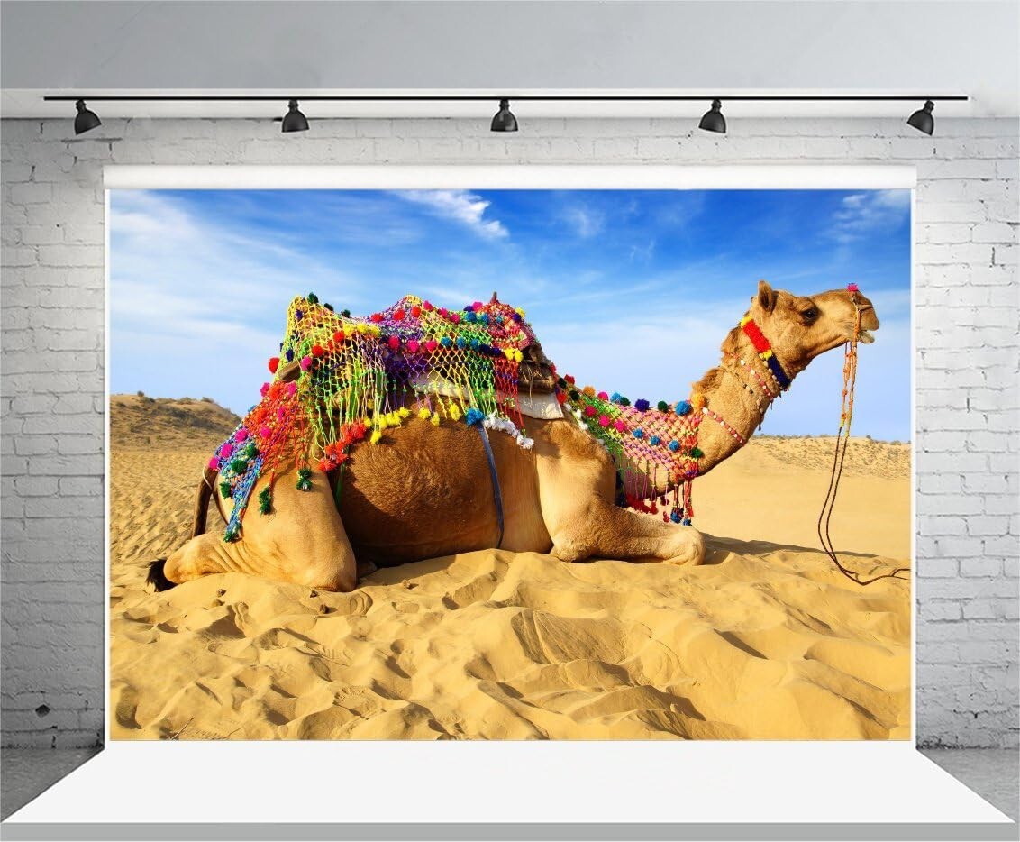8x6ft Camel Desert Backdrop Dune Dry Sands Caravan Photography Blue Sky Hot