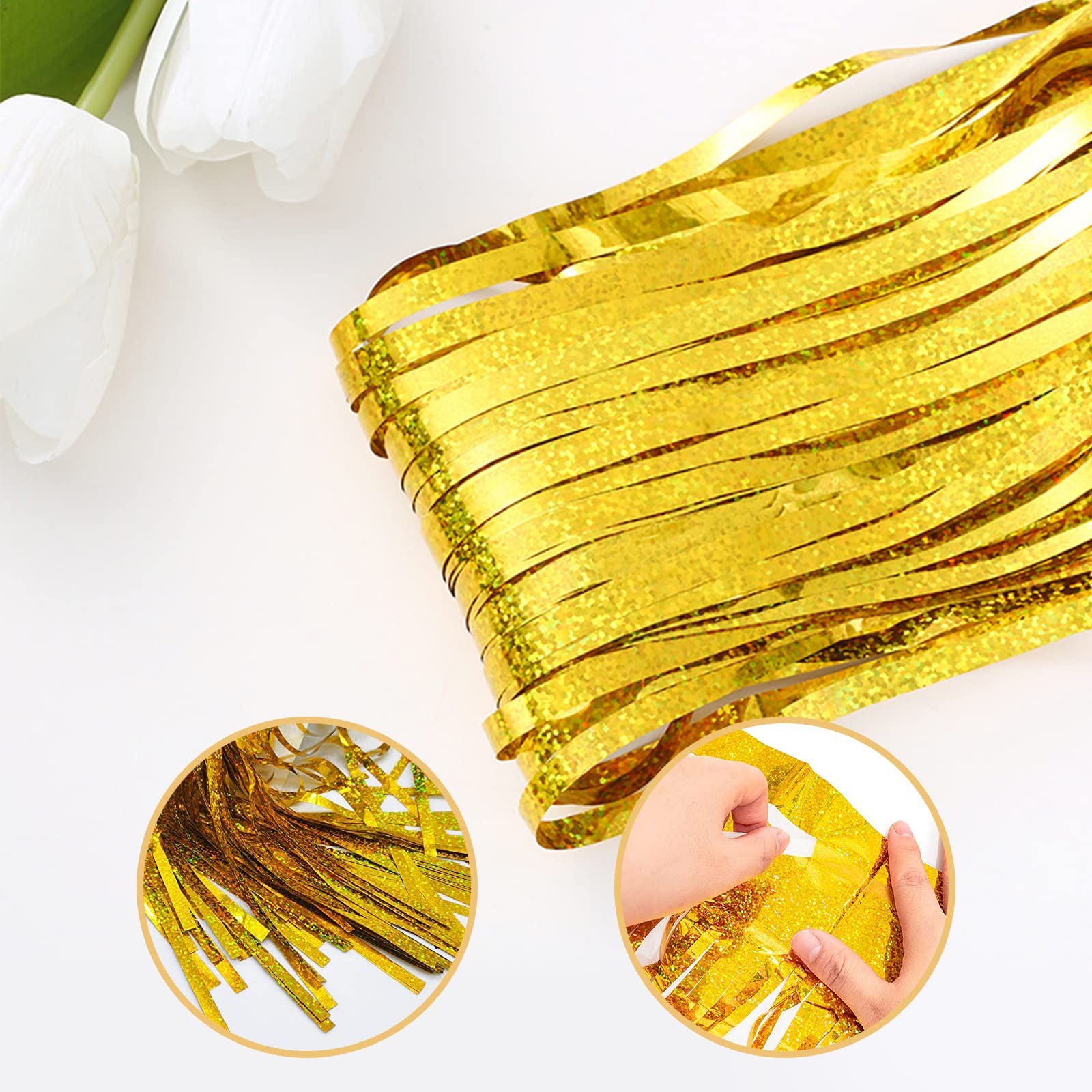 New Best 10 Pack Gold Foil Curtain Backdrop 3.2ft x 9.8ft Metallic Tinsel Fringe