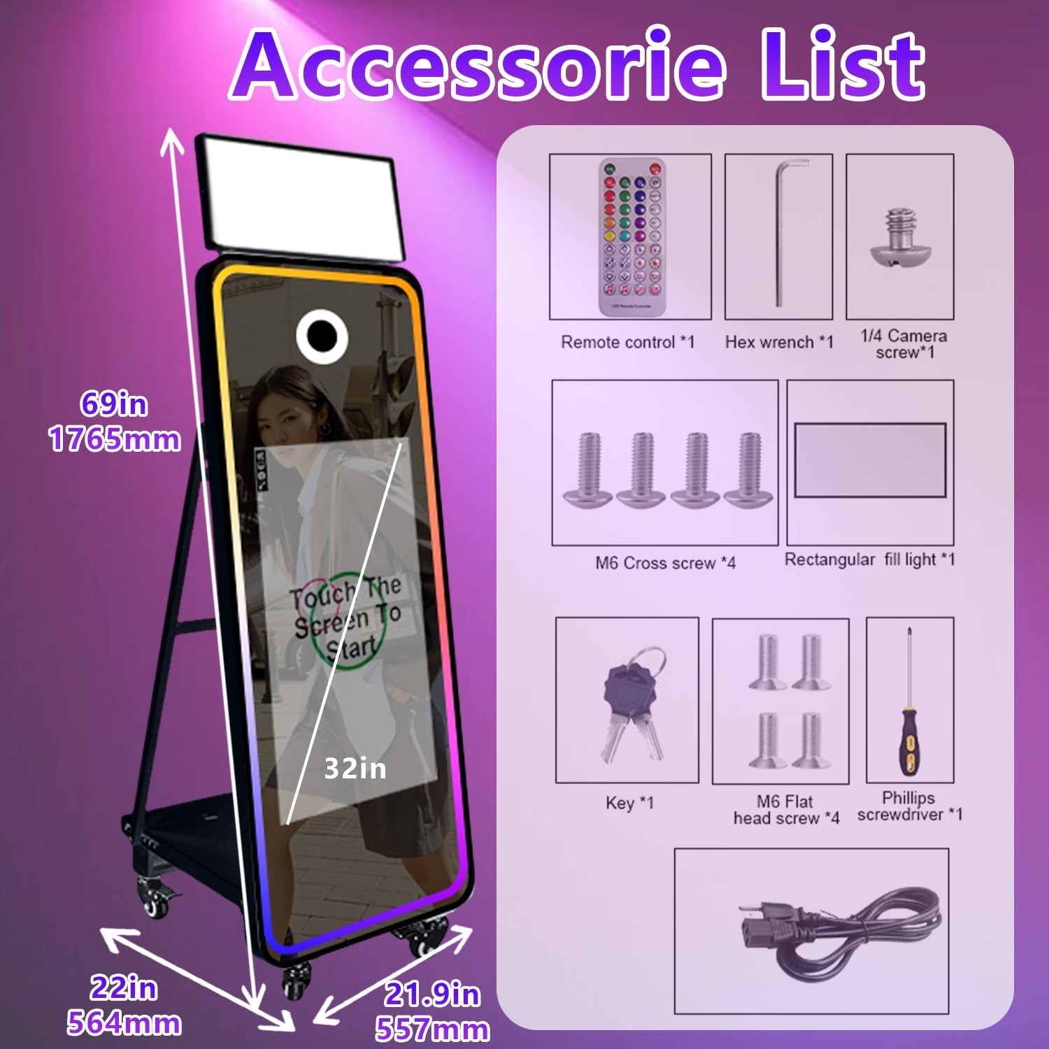 63” Mirror Photo Booth,32” Interactive Touch Screen with Square Light and RGB