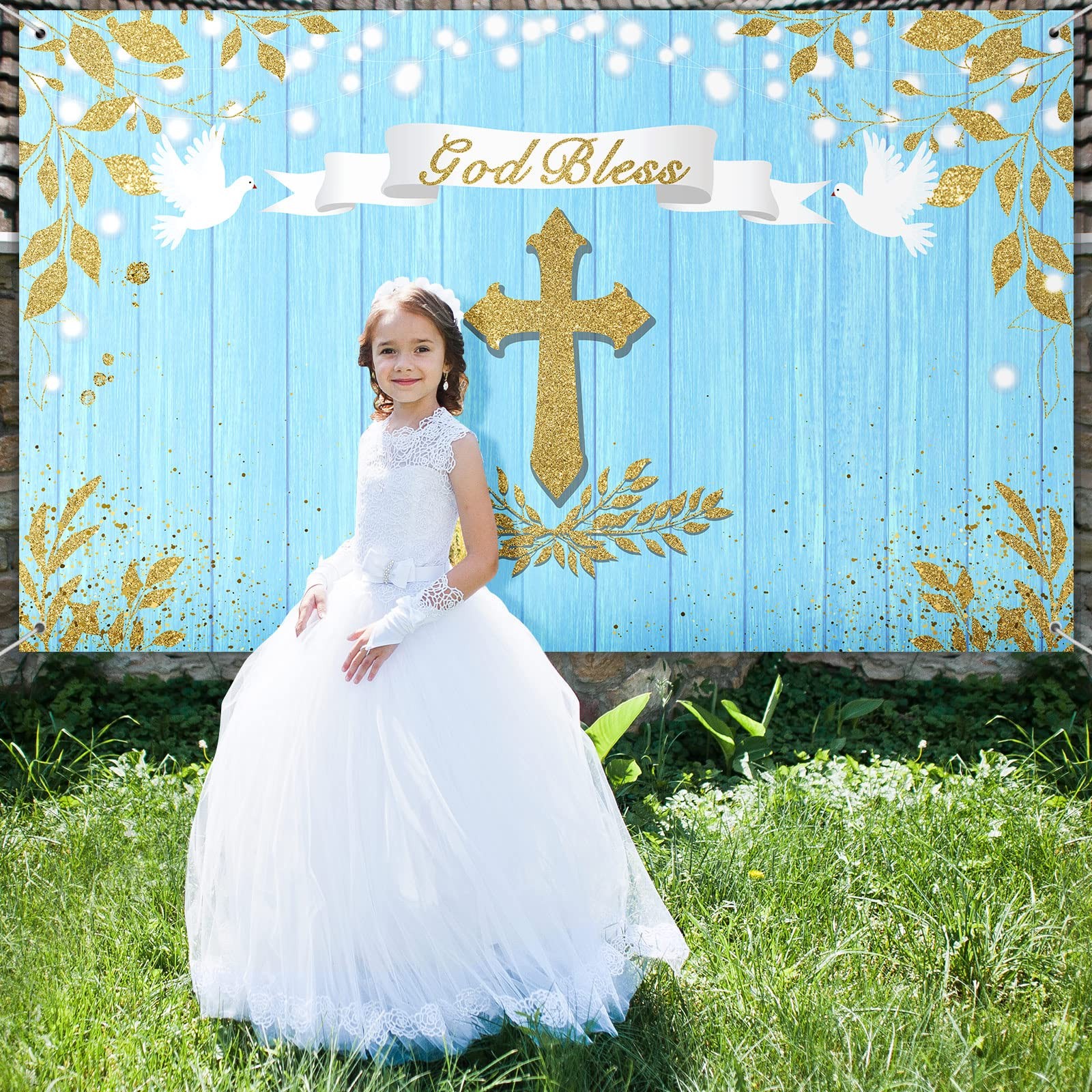 71 x 43 Inch God Bless Backdrop, Blue, Gold, Baptism, First Communion, Decor