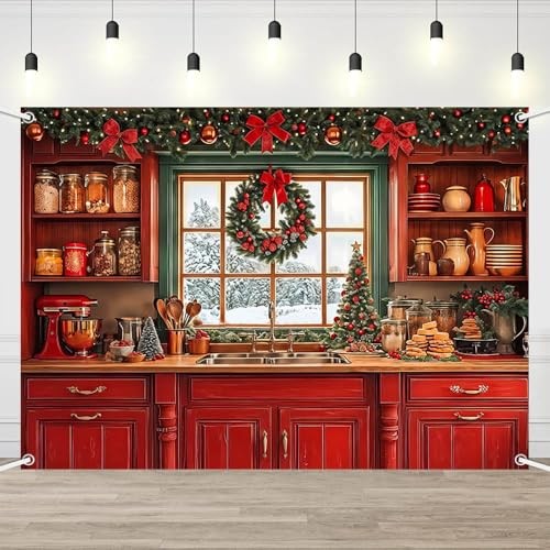 Red Retro Kitchen Backdrop – 7x5ft Retro Cabinets – Winter Kitchen Photography
