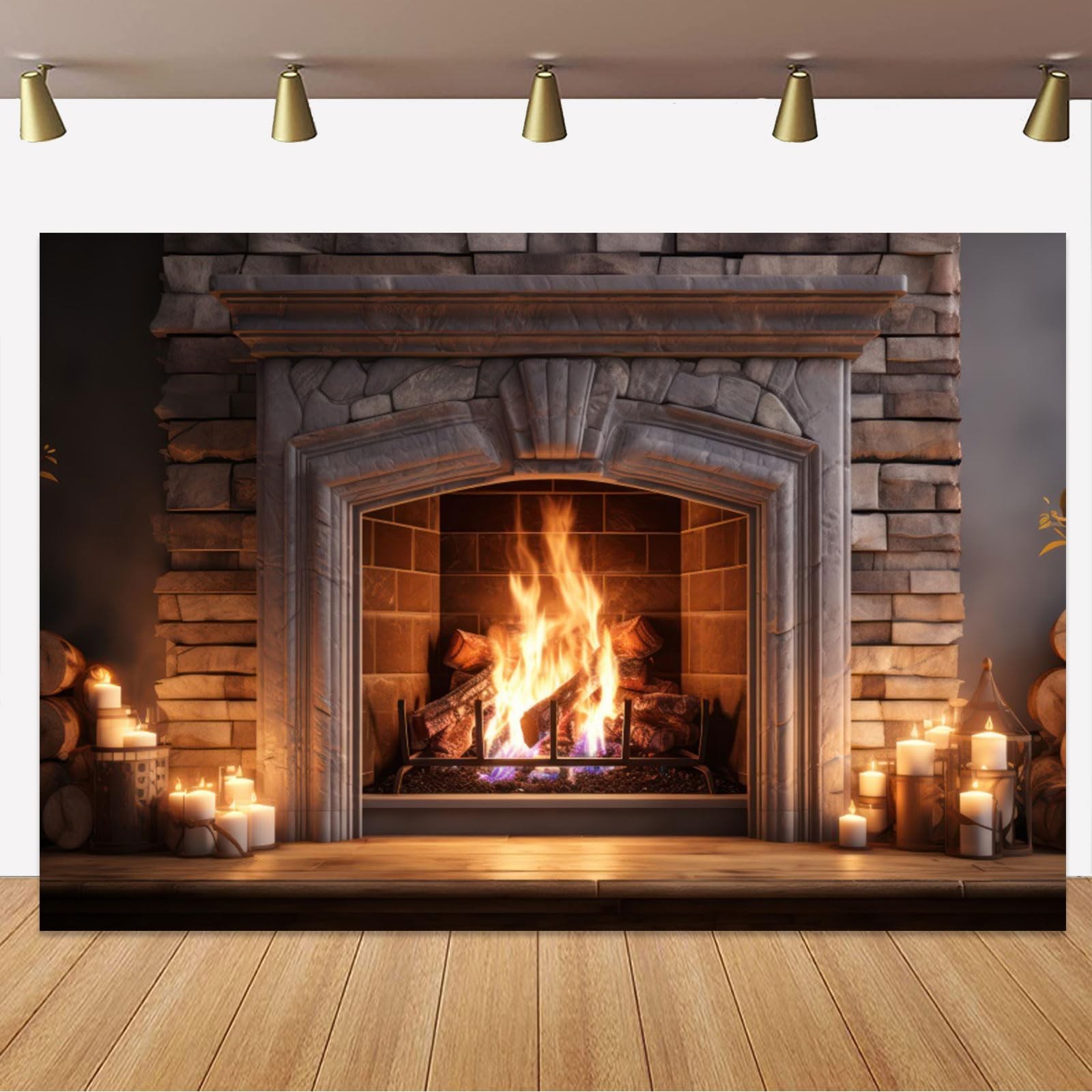 7x5ft Christmas Fireplace Backdrop Burning Firewoods White Brick Photography …