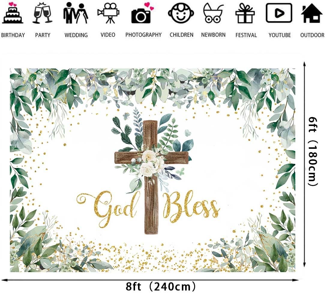 Eucalyptus God Bless Backdrop Greenery Wooden Cross Baptism Photography 8×6