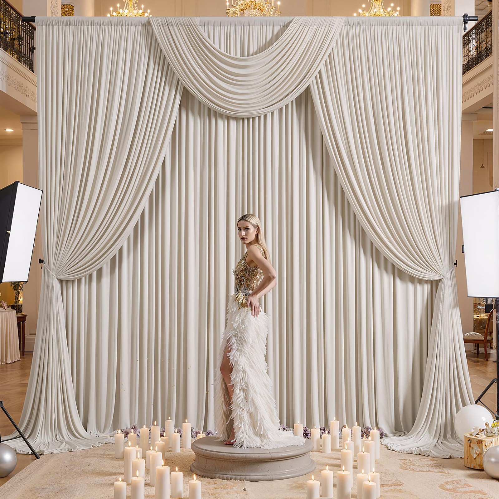 50×12ft Wrinkle Free Beige Backdrop Curtain for 12ft Long_10 Panels,