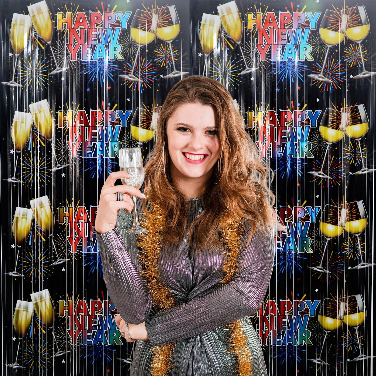 2 PCS Foil Curtain Backdrop New Year Eve Party Decorations Metallic Tinsel
