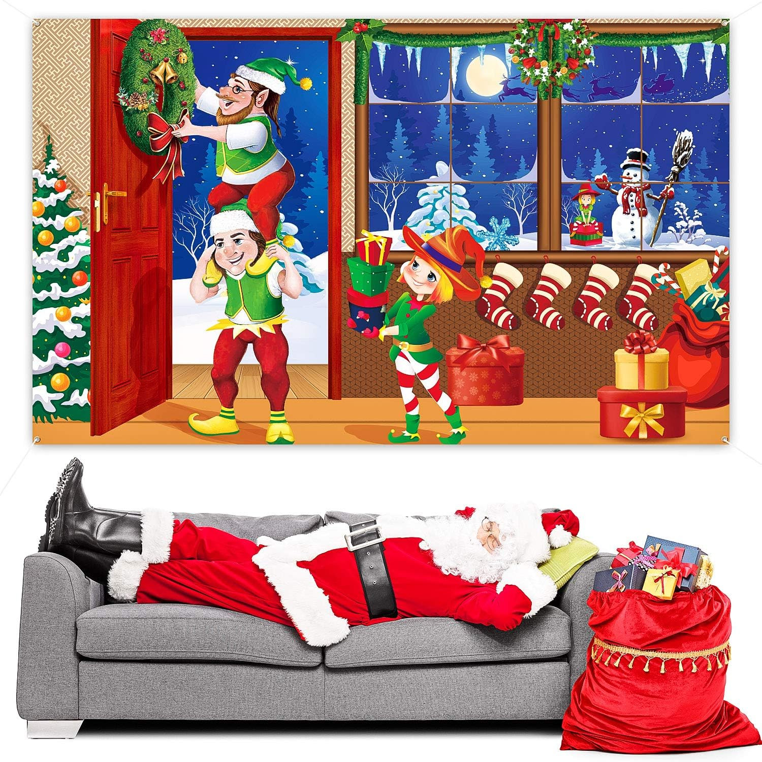 Merry Christmas Elves Backdrop 70.8×43.3 Winter Photo Wall Banner Decoration Joy