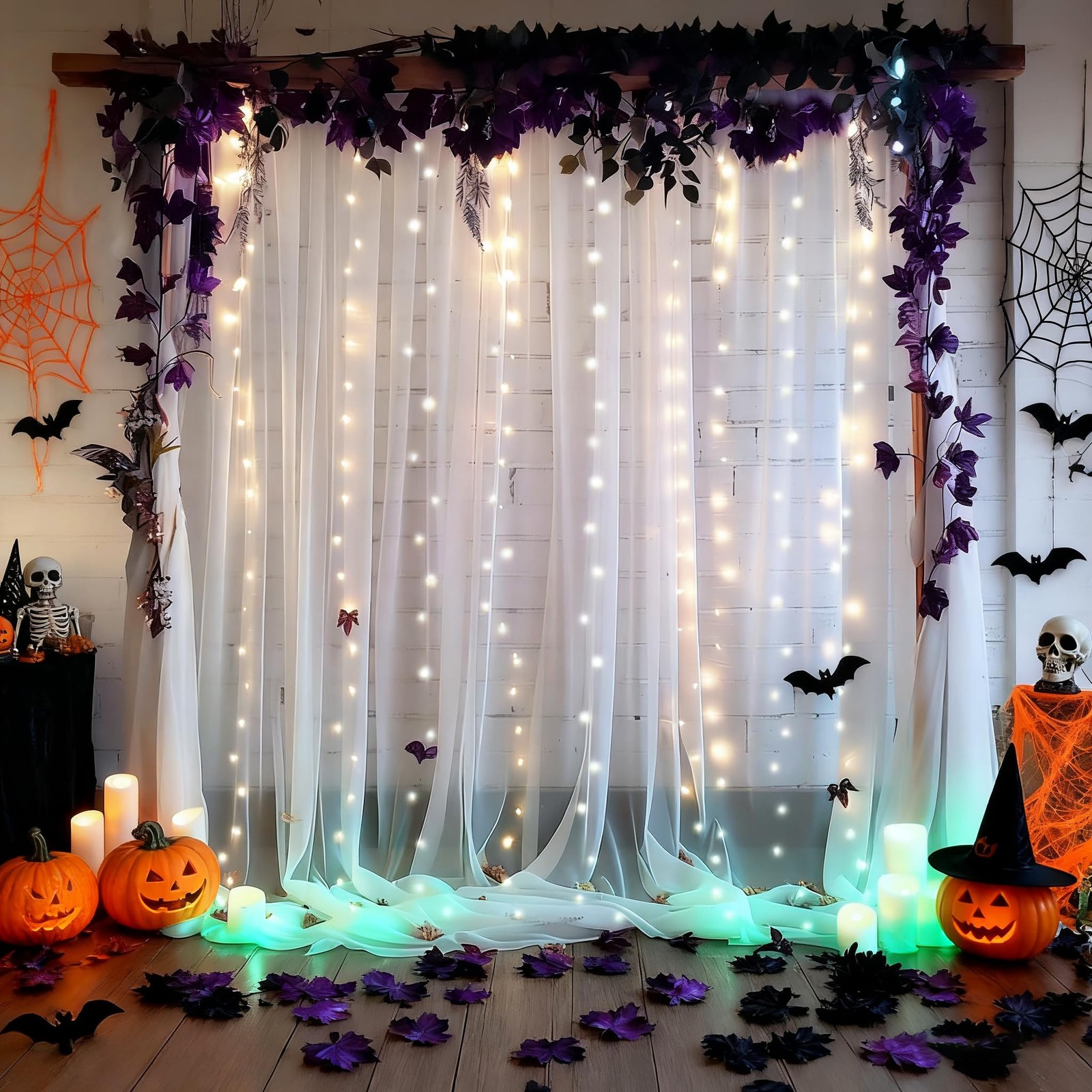 10x10ft White Tulle Backdrop Curtain with Lights String for Parites