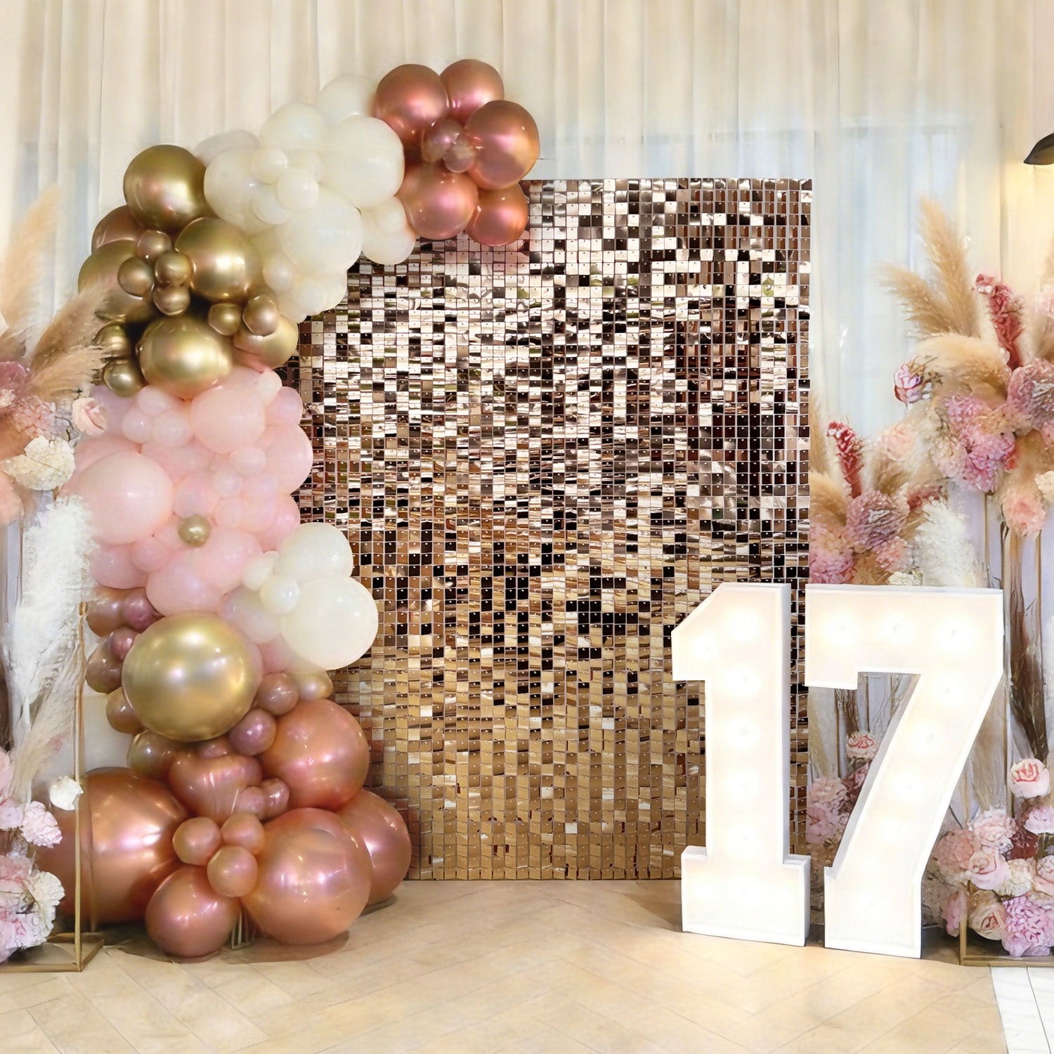 Microplushshop 48PCS Rose Gold Gold Shimmer Wall Backdrop Square Sequin Glitter