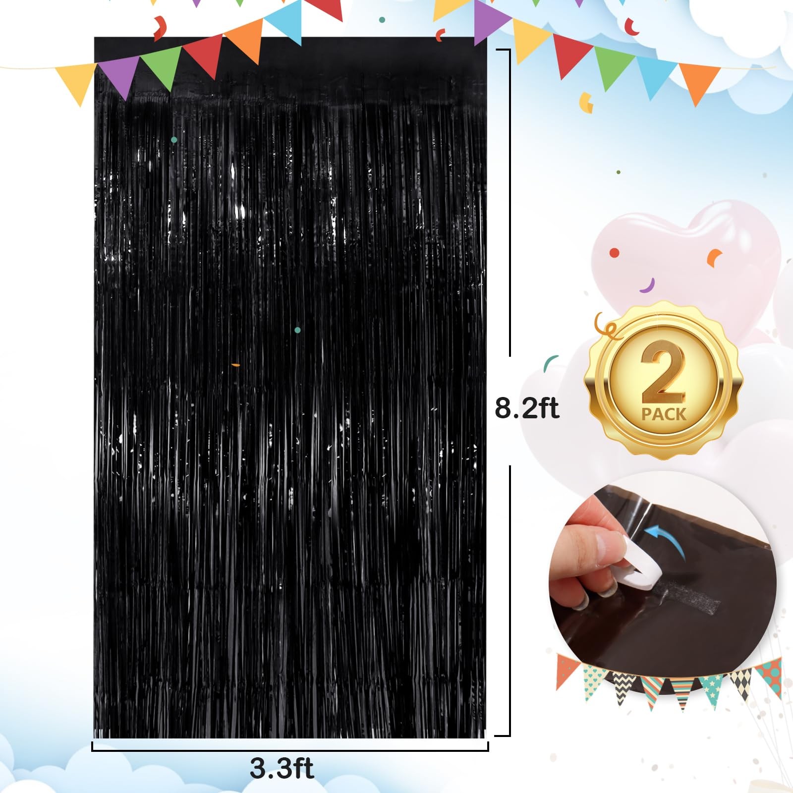 Black Foil Fringe Backdrop Curtains 3.3×8.3 Ft Tinsel Party Streamers 2 PCS