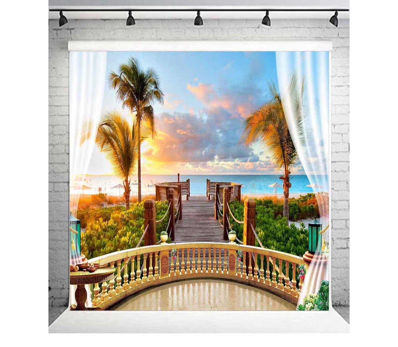 10×10 Ft Tropical Balcony Sea Beach View Tapestry Seaside Photo Backdrop