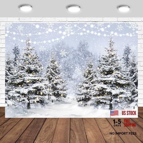 White Snowflake Xmas Tree Backdrop – Winter Snow Pine Tree – 7x5ft