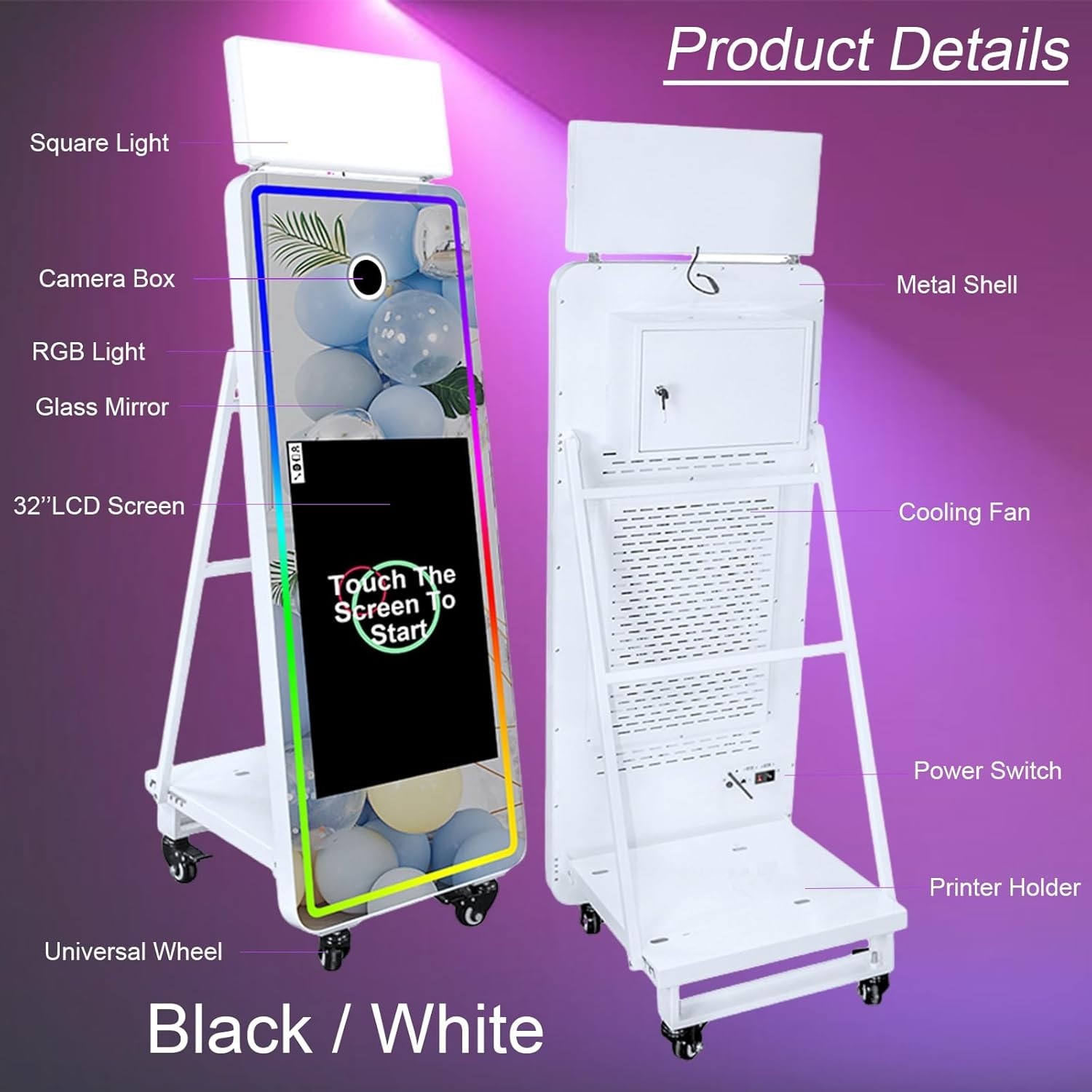 63” Mirror Photo Booth,32” Interactive Touch Screen with Square Light and RGB