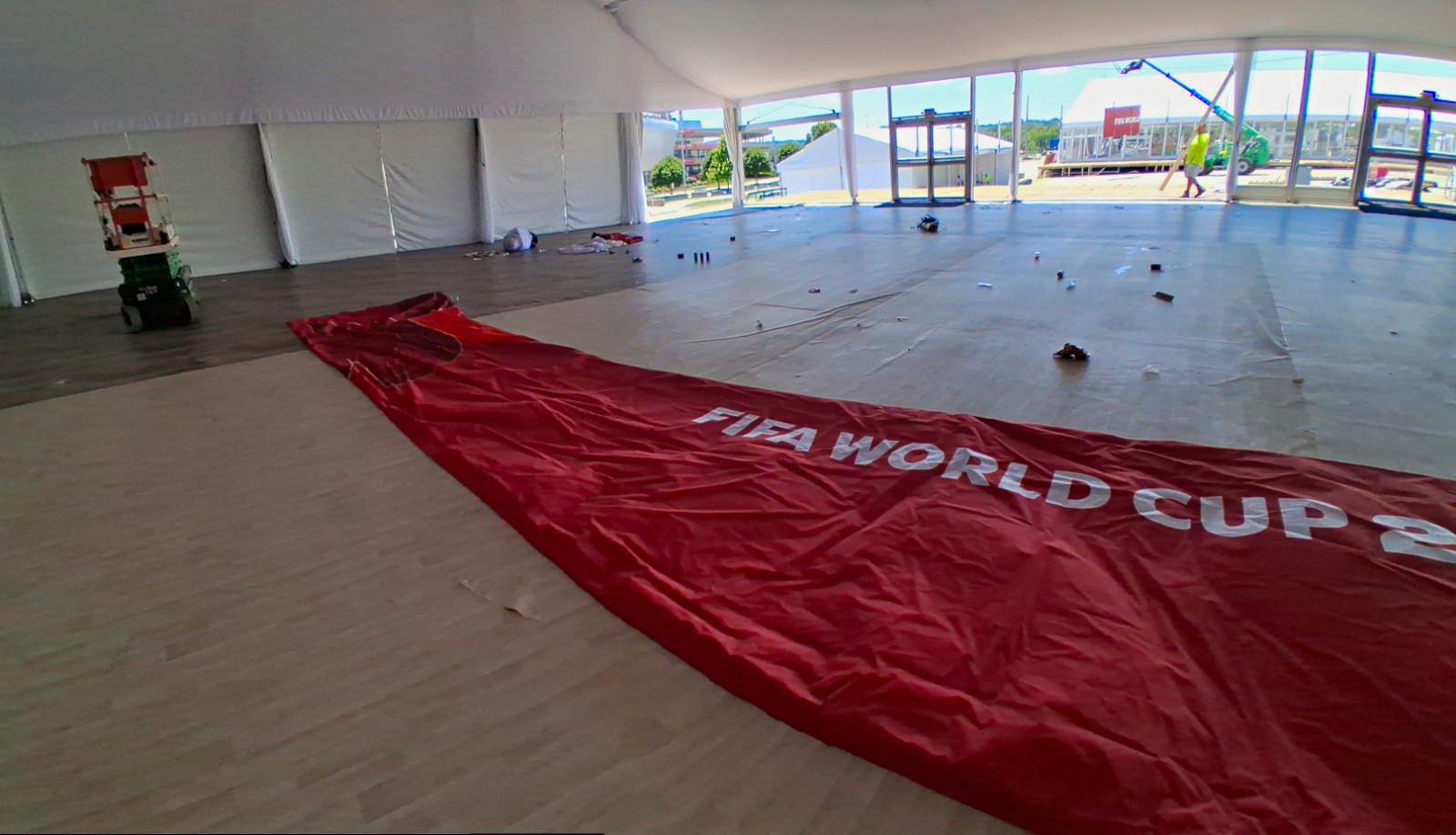 Large Red Fabric Backdrop Background Banner w/ White “FIFA WORLD CUP” Text