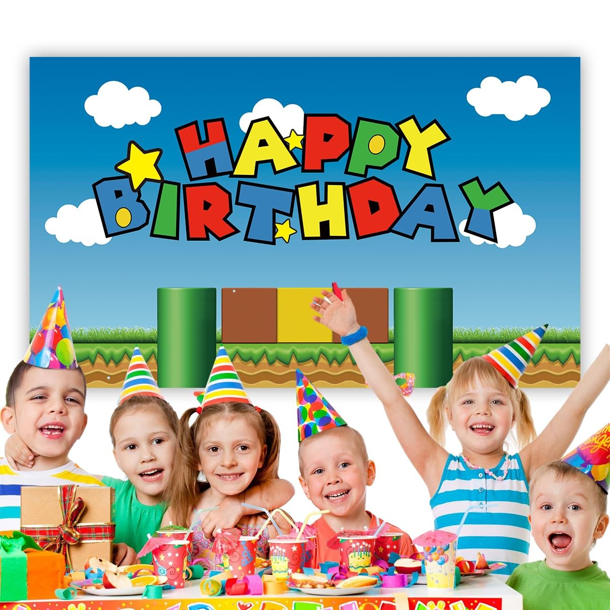 Super Bros Happy Birthday Party Backdrop, Baby Shower Cake Table Decoration S…