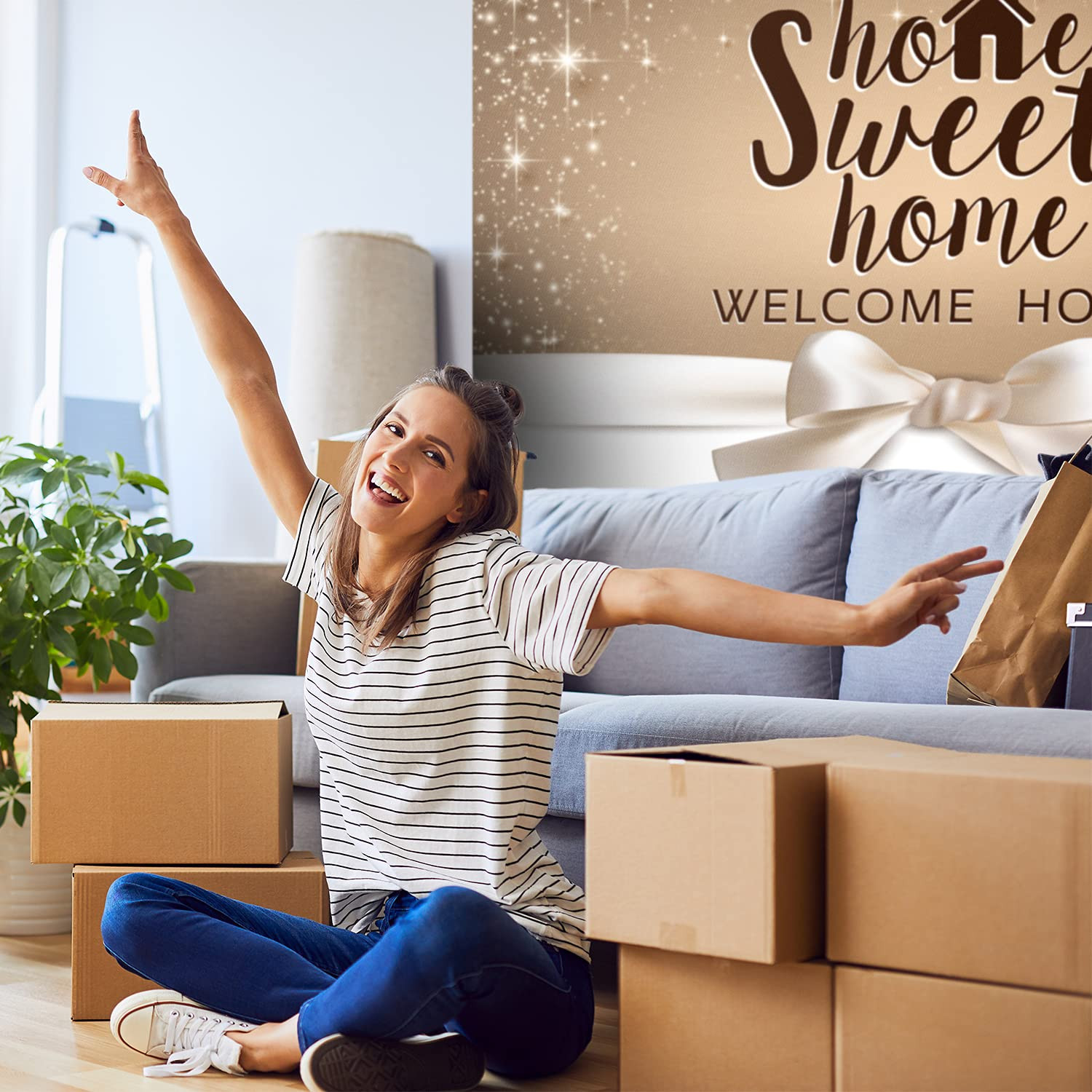 Home Sweet Home Backdrop Banner Decor Gold Glitter – Welcome Home Housewarmin…