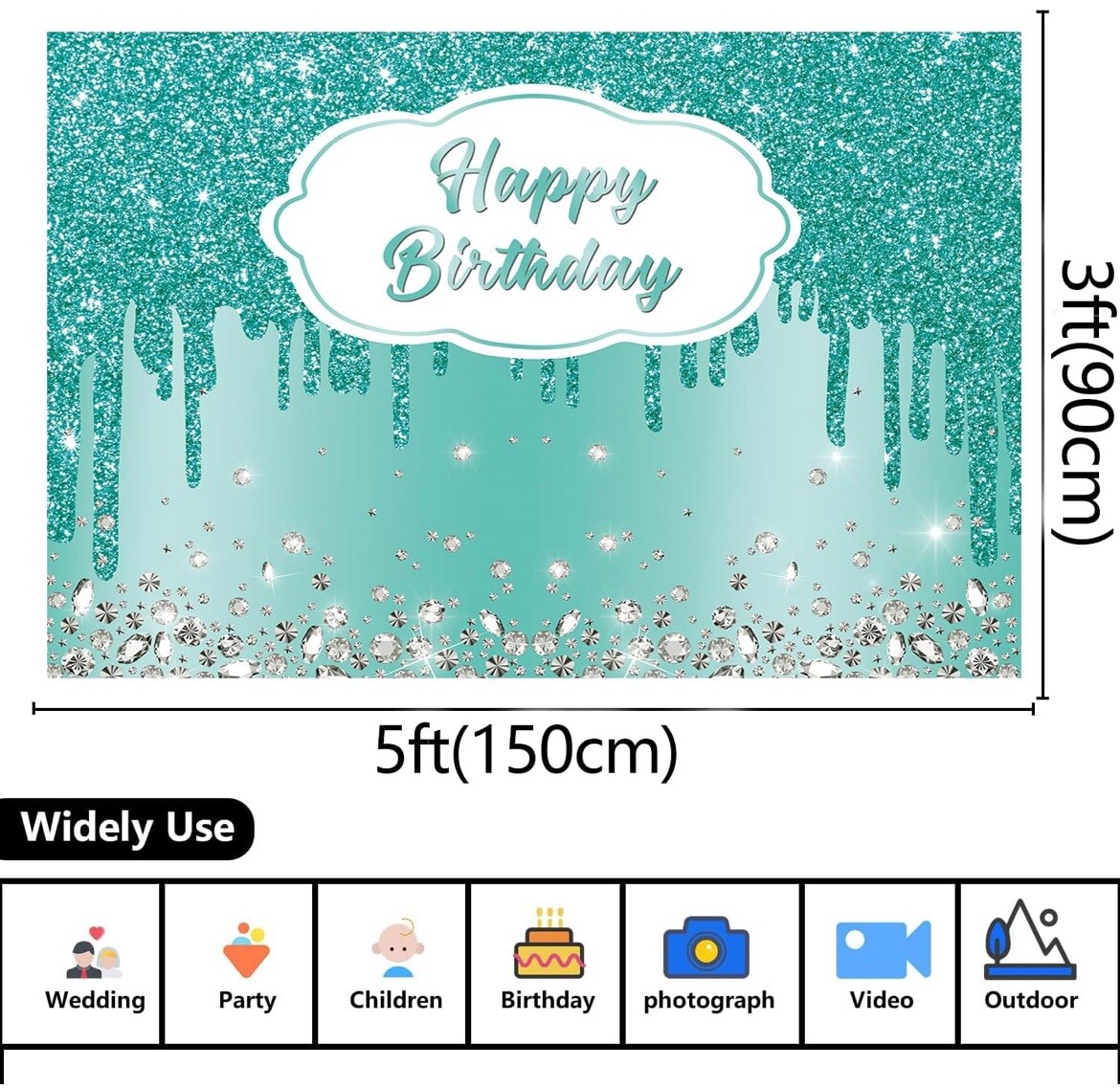 XCKALI Teal Blue Birthday Backdrop and Tablecloth Kit Glitter Teal Blue Diamond