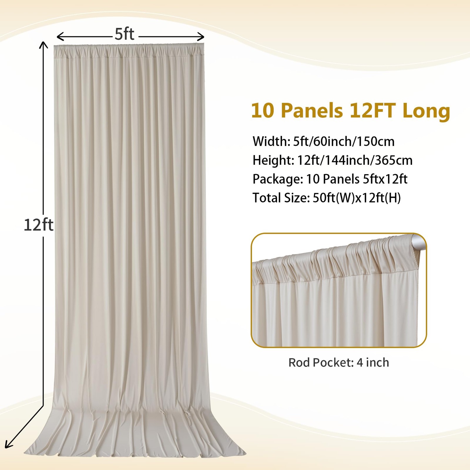 50×12ft Wrinkle Free Beige Backdrop Curtain for 12ft Long_10 Panels,