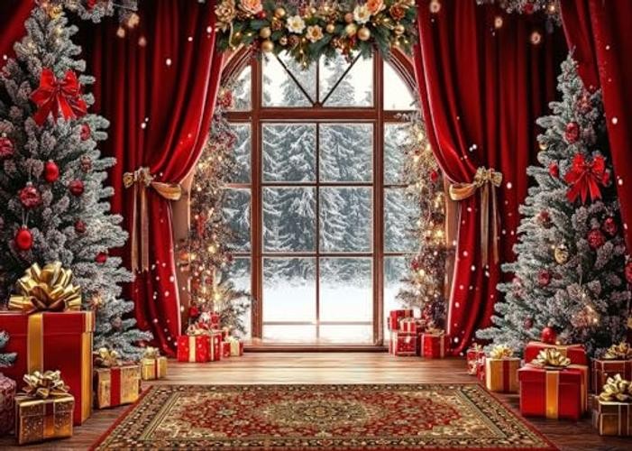 Red Window Background – 7x5FT Christmas Backdrop – Winter Snow – Snow Tree