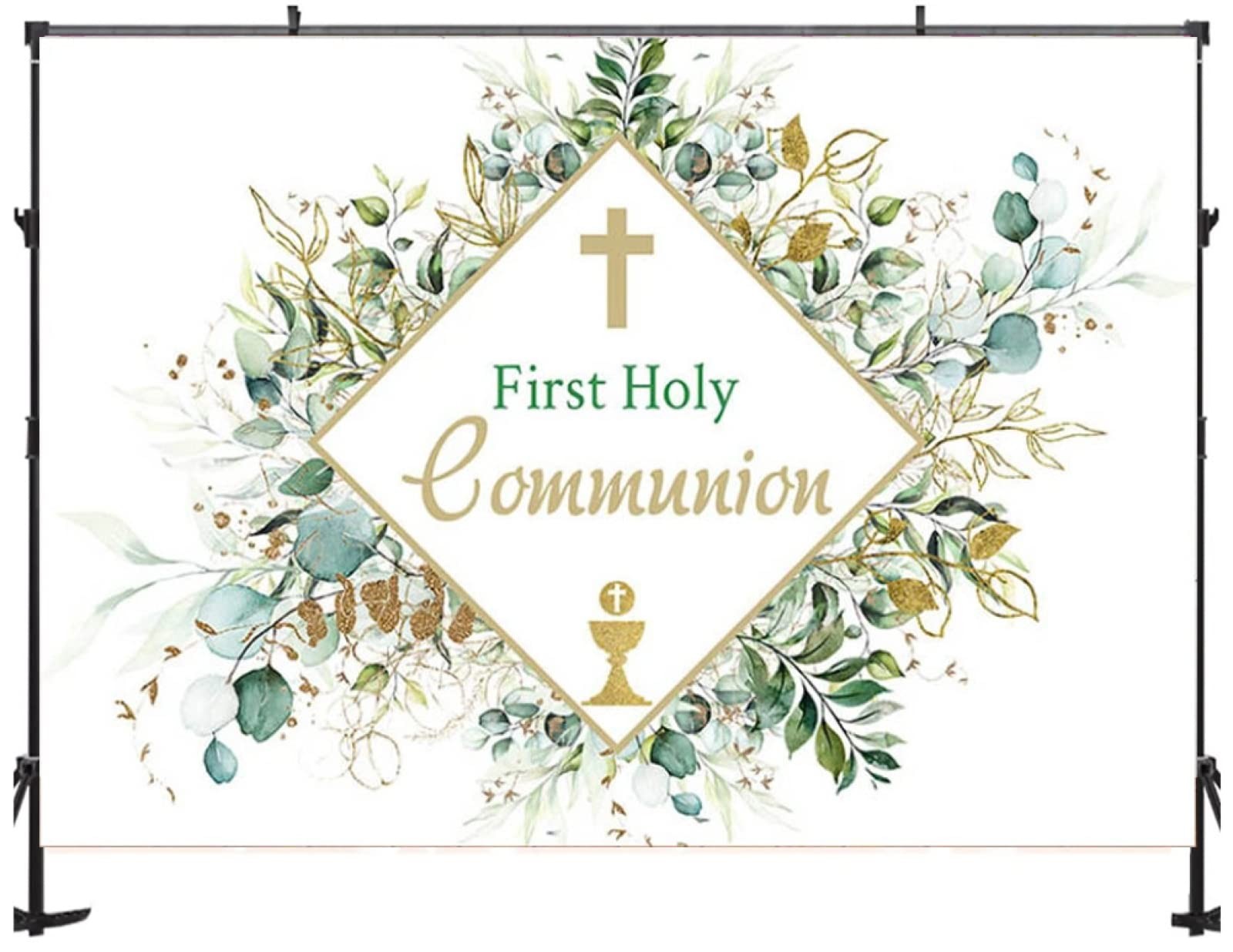 6x4ft First Communion Green Leaves Decorative Backdrop, God Bless Background