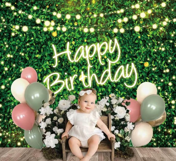 10x8FT Greenery Happy Birthday Backdrop Green Grass Spring Photo Background