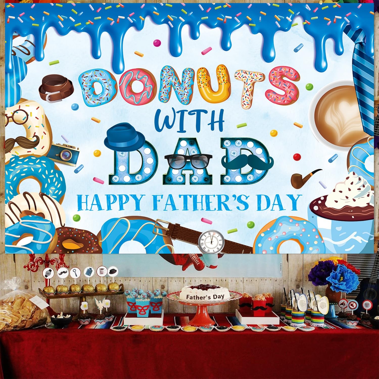 Happy Father’s Day Banner Backdrop 8x6FT Best Dad Ever Donuts 8x6FT, Blue