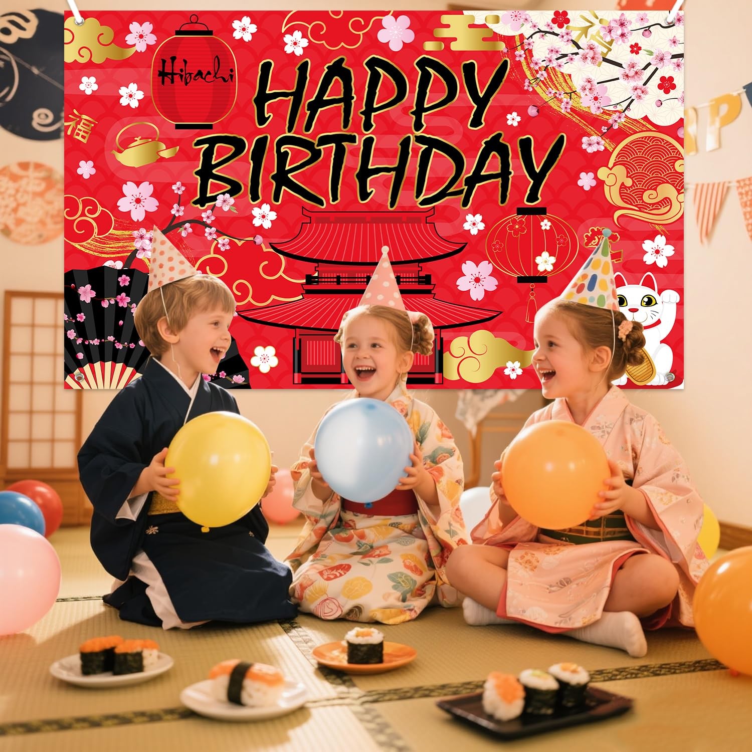 Hibachi Happy Birthday Backdrop Japanese Party Photo Background 71×47 In