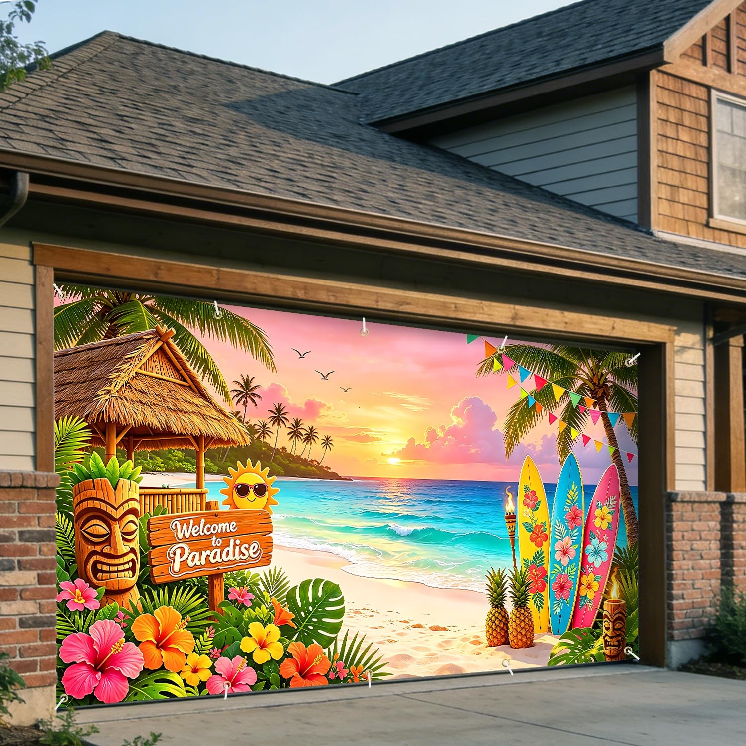 Tropical Paradise Garage Door Banner 7 x 16 FT,Extra Large Hawaiian Luau Part…