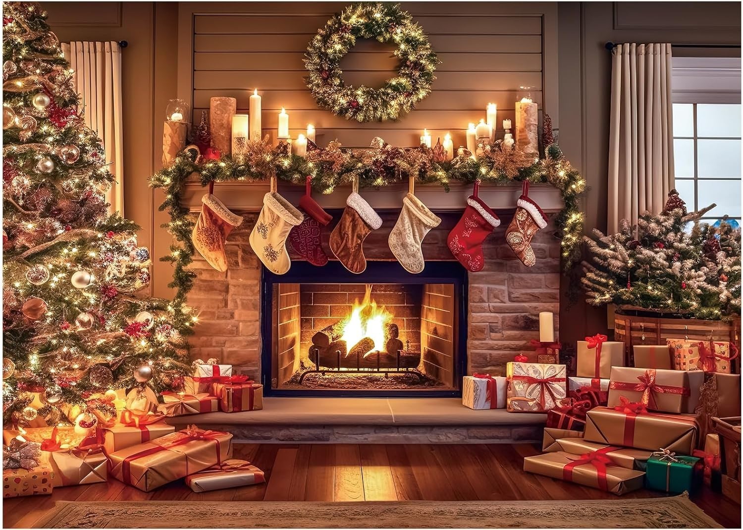 Christmas Fireplace Backdrop Christmas Xmas Tree Stocking 10 x 8 ft Colorful