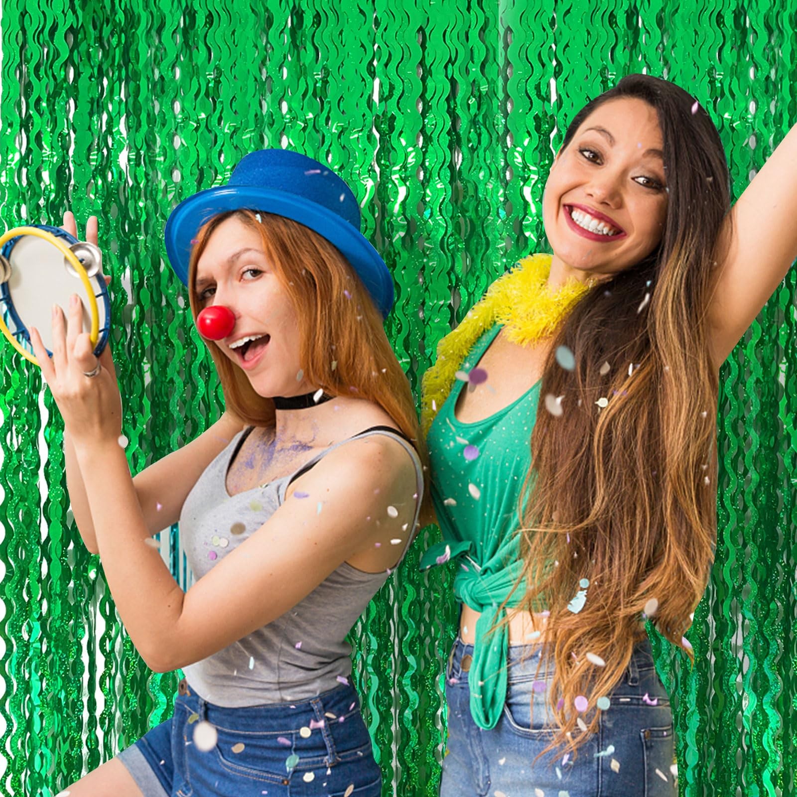 Green Tinsel Foil Fringe Curtains Wavy Backdrop for Party 2 Pack,