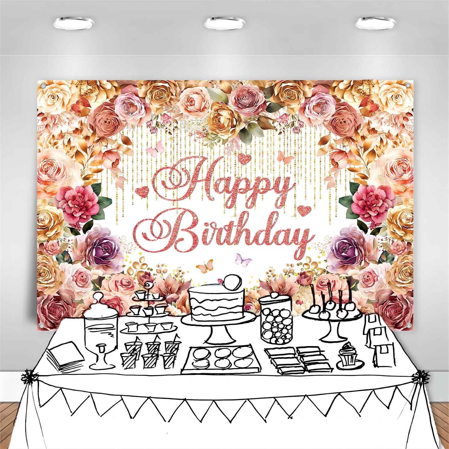 Pink Flower Happy Birthday Banner Backdrop Rose Gold Party Decorations 5x3Ft