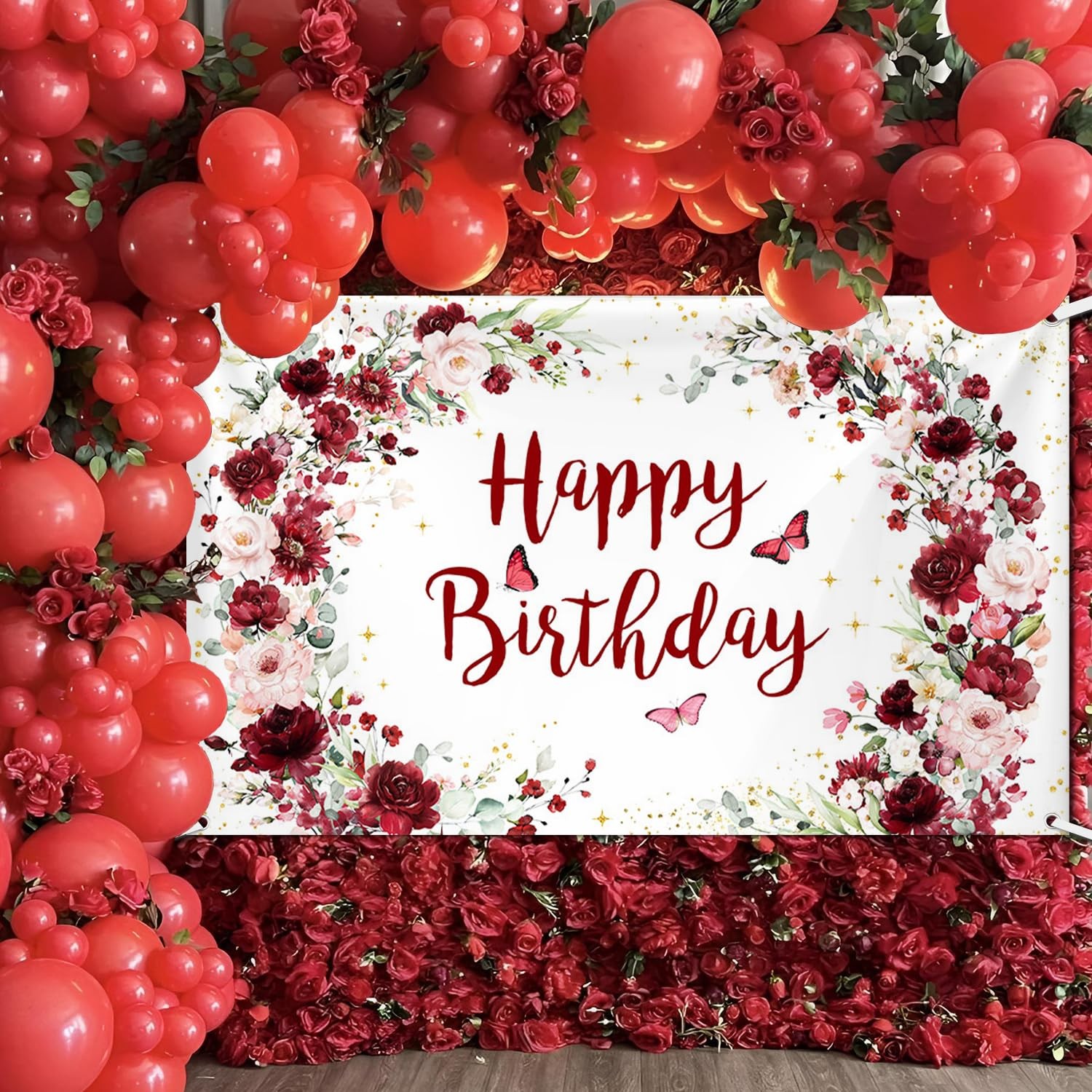 Happy Birthday Backdrop for Women Flower Photography Background Red Floral