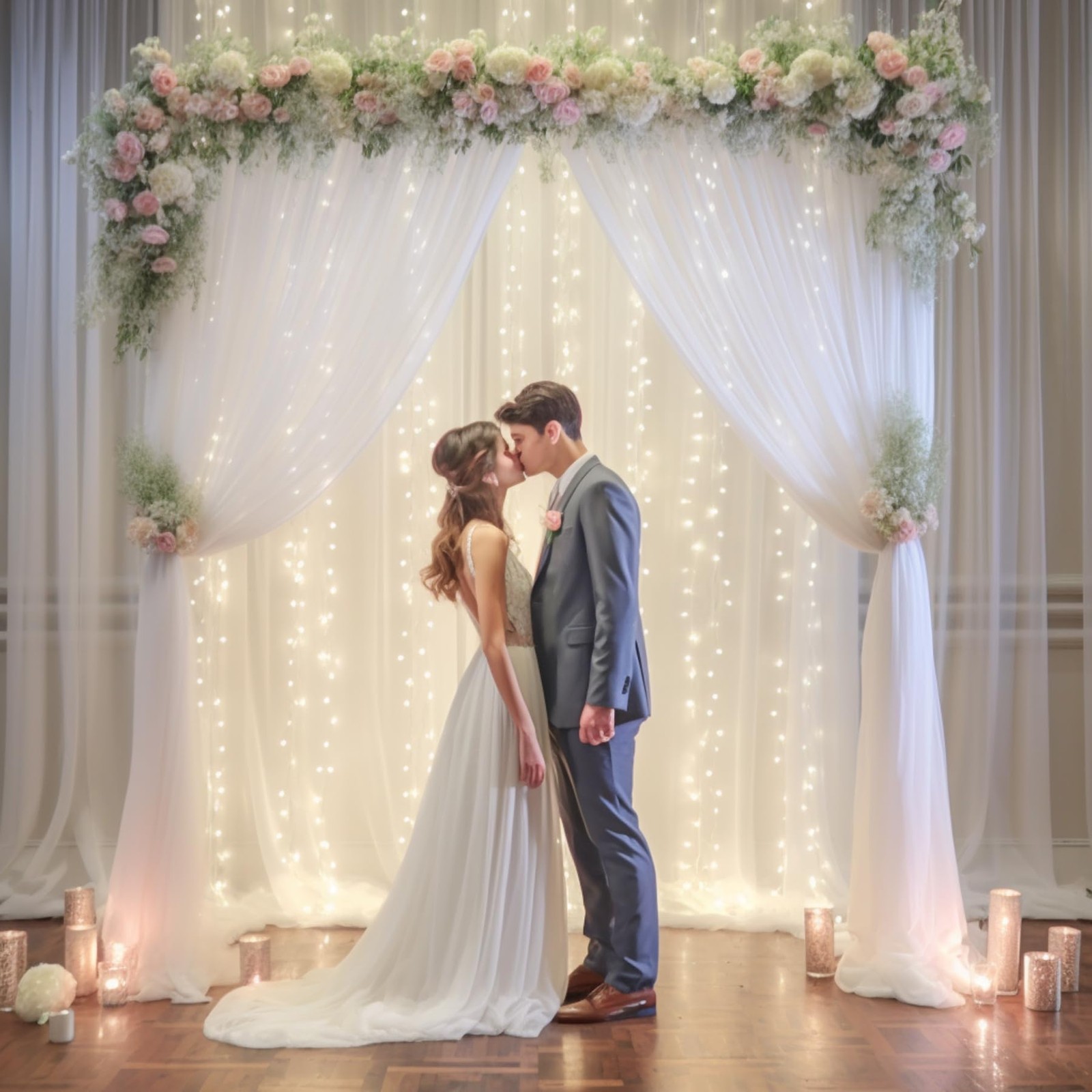10x10ft White Tulle Backdrop Curtain with Lights String for Parites