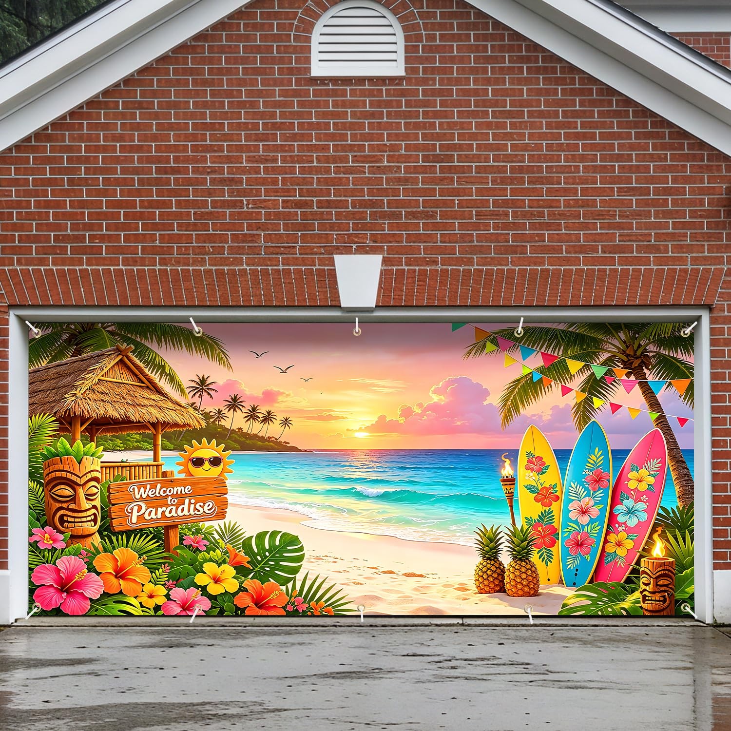 Tropical Paradise Garage Door Banner 7 x 16 FT,Extra Large Hawaiian Luau Part…
