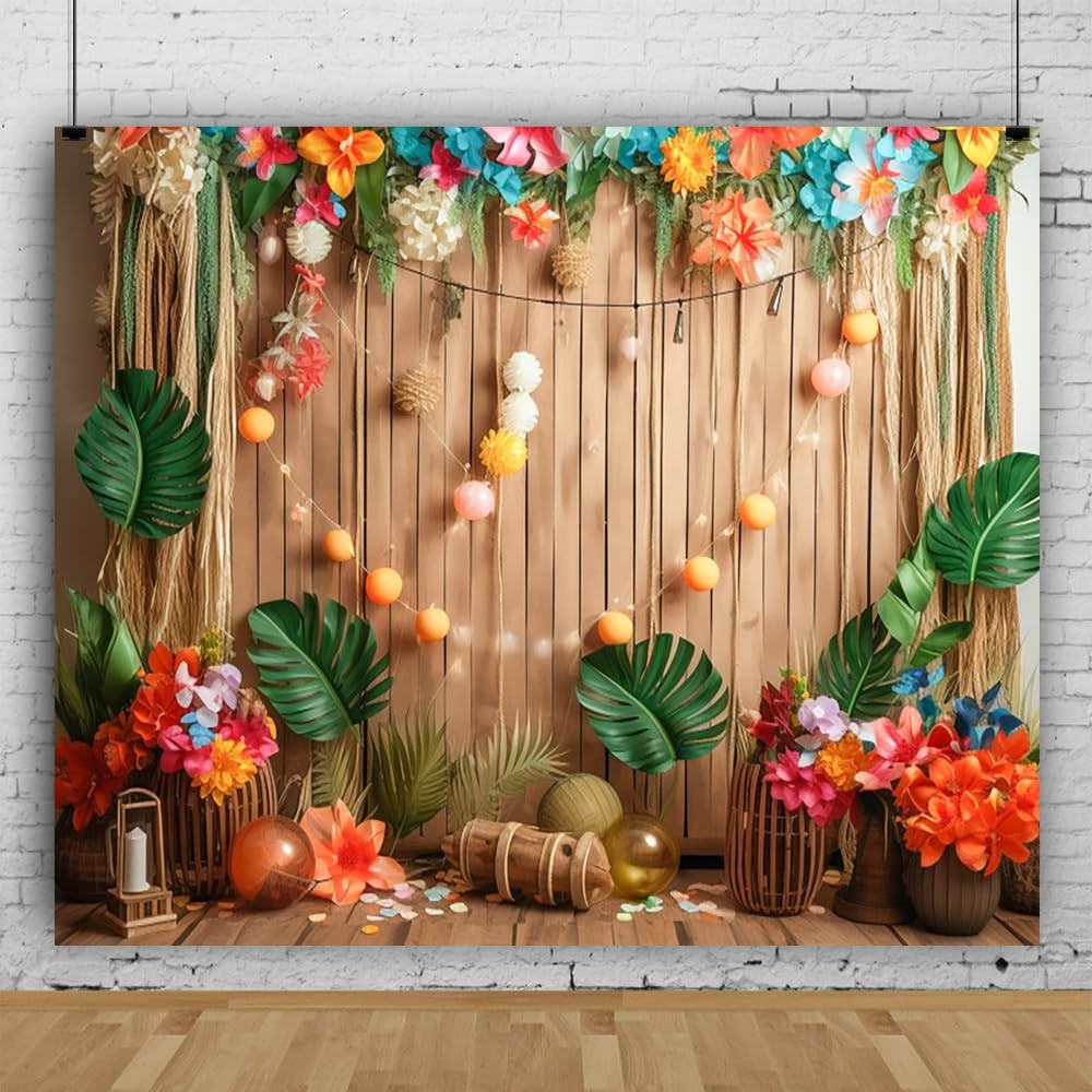 10×8 Ft Summer Hawaiian Luau Backdrop Photography Tropical Leaves Flower Props