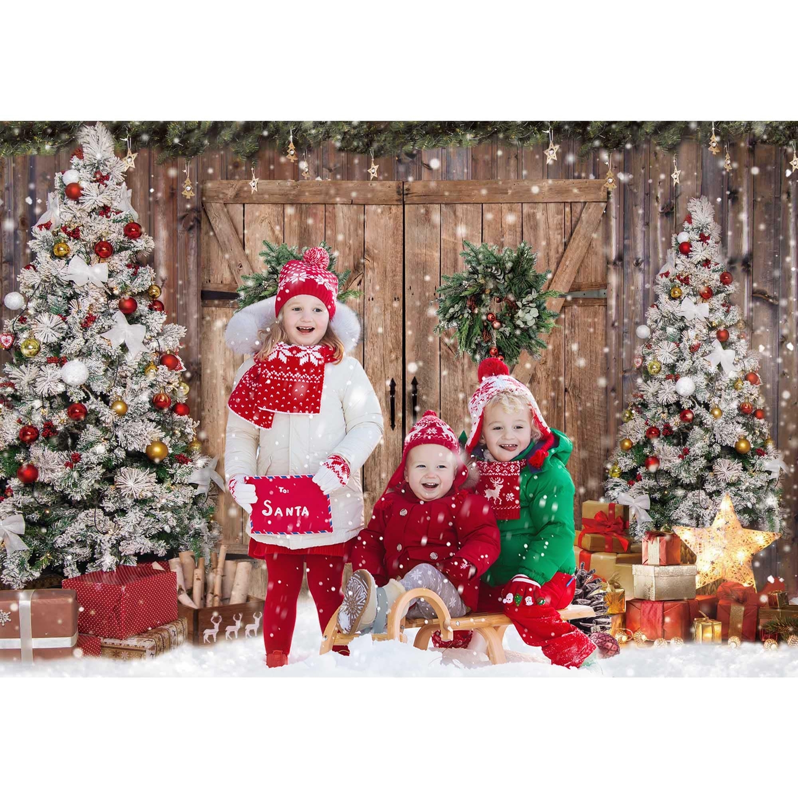 Rustic Christmas Barn Wood Door Backdrop Xmas Tree Photography Background Decor