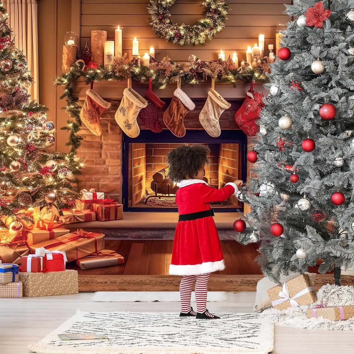 Christmas Fireplace Backdrop Christmas Xmas Tree Stocking 10 x 8 ft Colorful