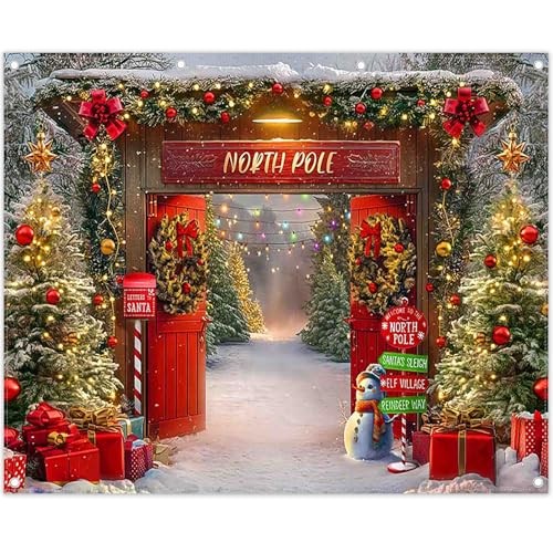 10x8ft Fabric Christmas Backdrop Winter Forest Wooden Barn Door North Pole