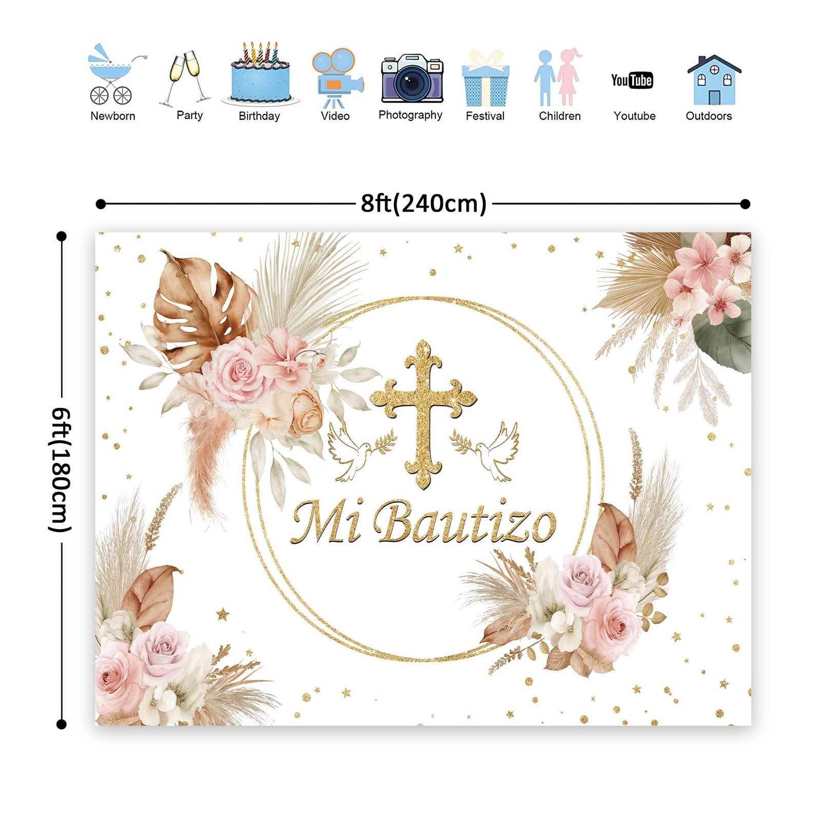 Mi Bautizo Sign Backdrop God Bless Baptism 8Wx6H Feet Polyester Fabric First …
