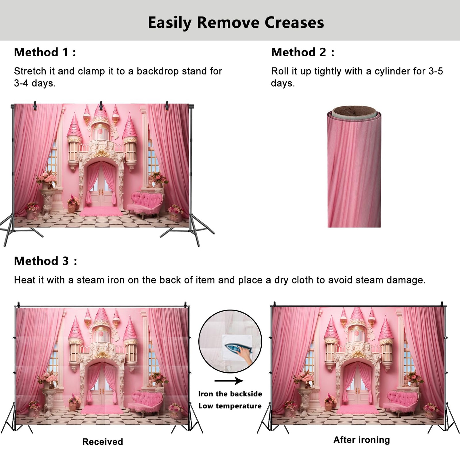 Pink Princess Castle Backdrop 10x5ft Sofa Flowers Vases Curtain Door Room Int…