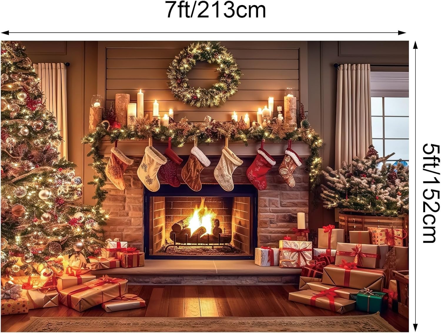 Christmas Fireplace Backdrop Christmas Xmas Tree Stocking 10 x 8 ft Colorful