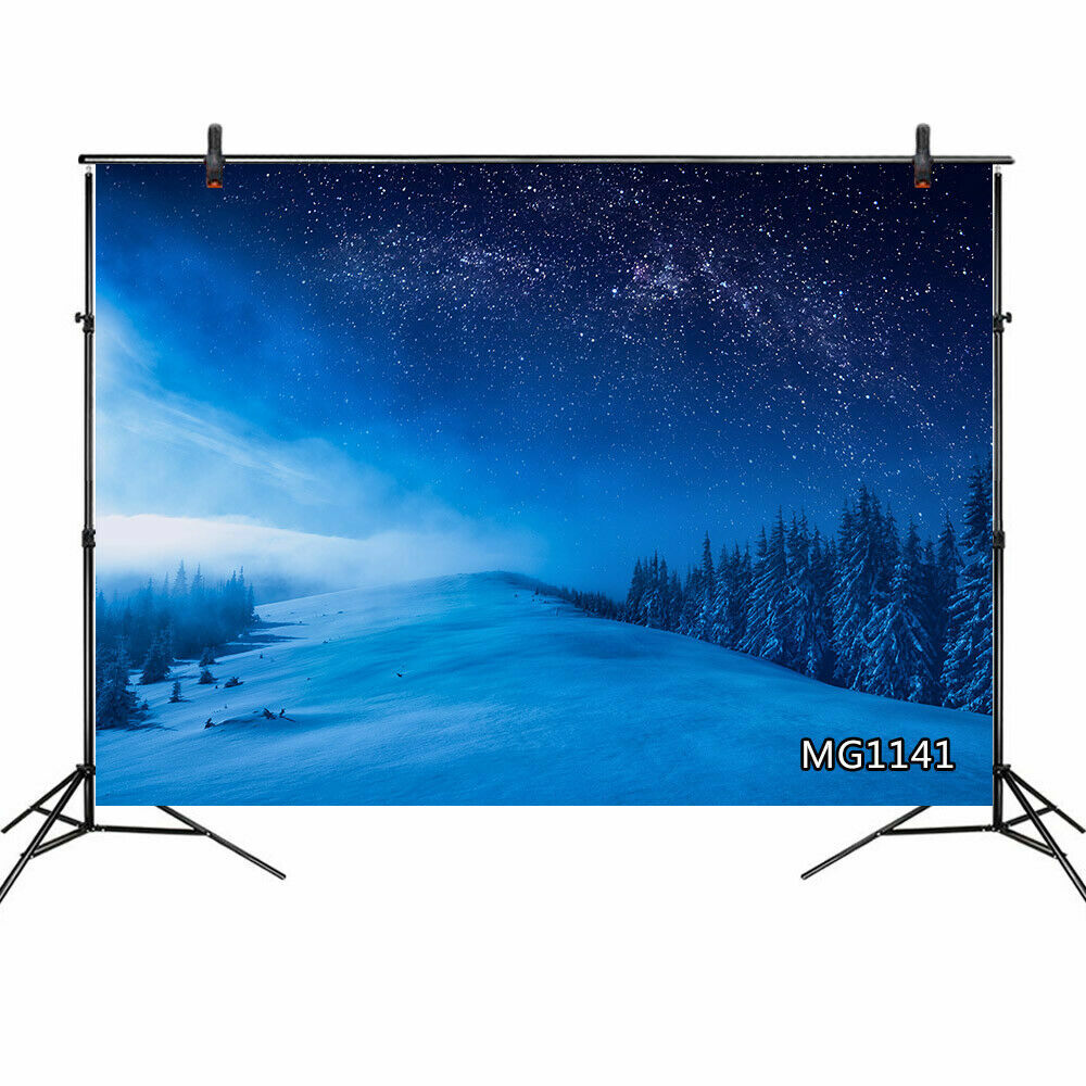 7X5FT Winter Snow Vinyl Backdrop Cedar Forest Props Starry Sky Photo Background