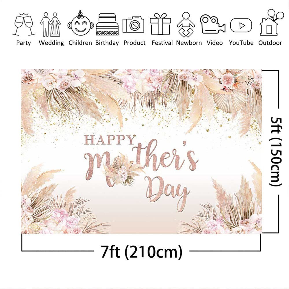 7x5ft Mothers Day Backdrop Boho Flowers Happy Mother’s Day Banner Pampas Grass