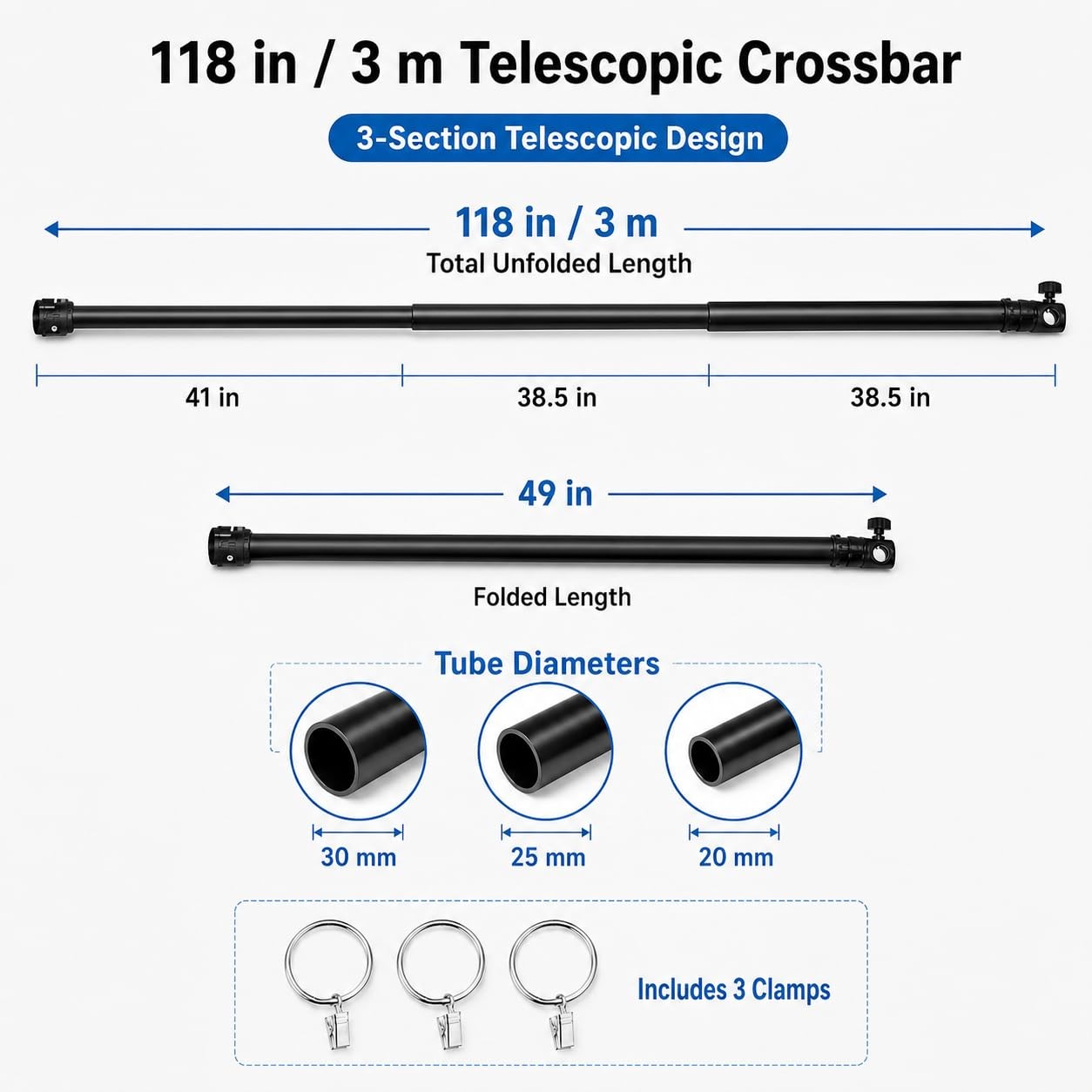118″”/3M Aluminum Alloy 3 Section Telescopic Background Support Cross Arm Cro…