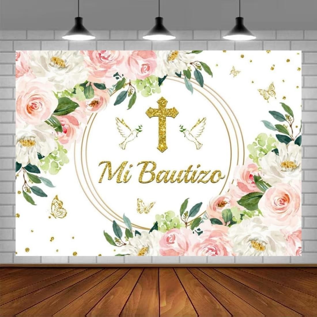 Pink Floral Mi Bautizo Backdrop Girl First Communion God Bless Prop 7×5 Ft