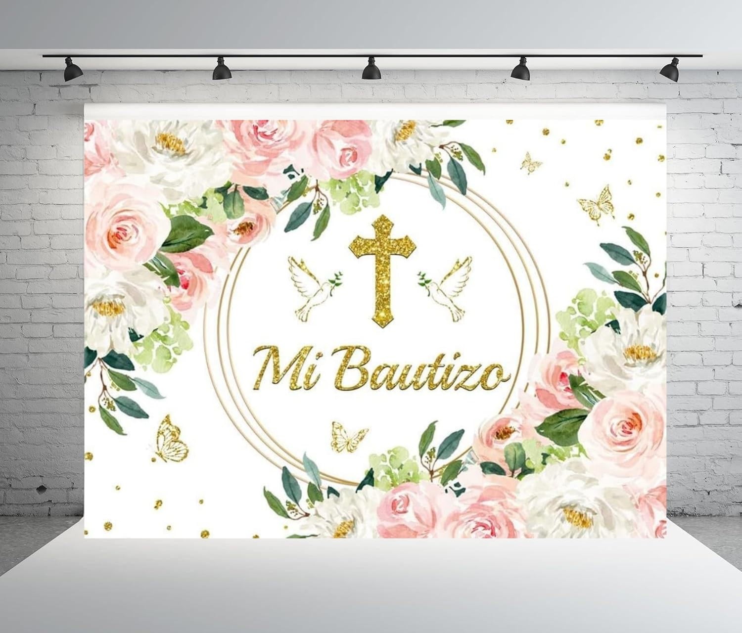 Pink Floral Mi Bautizo Backdrop Girl First Communion God Bless Prop 7×5 Ft