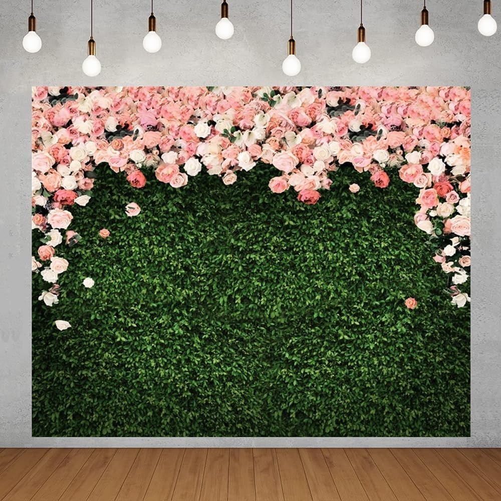 Greenery Backdrop 10x8ft Flowers Spring Green Leaves Grass Wall Pink Floral R…