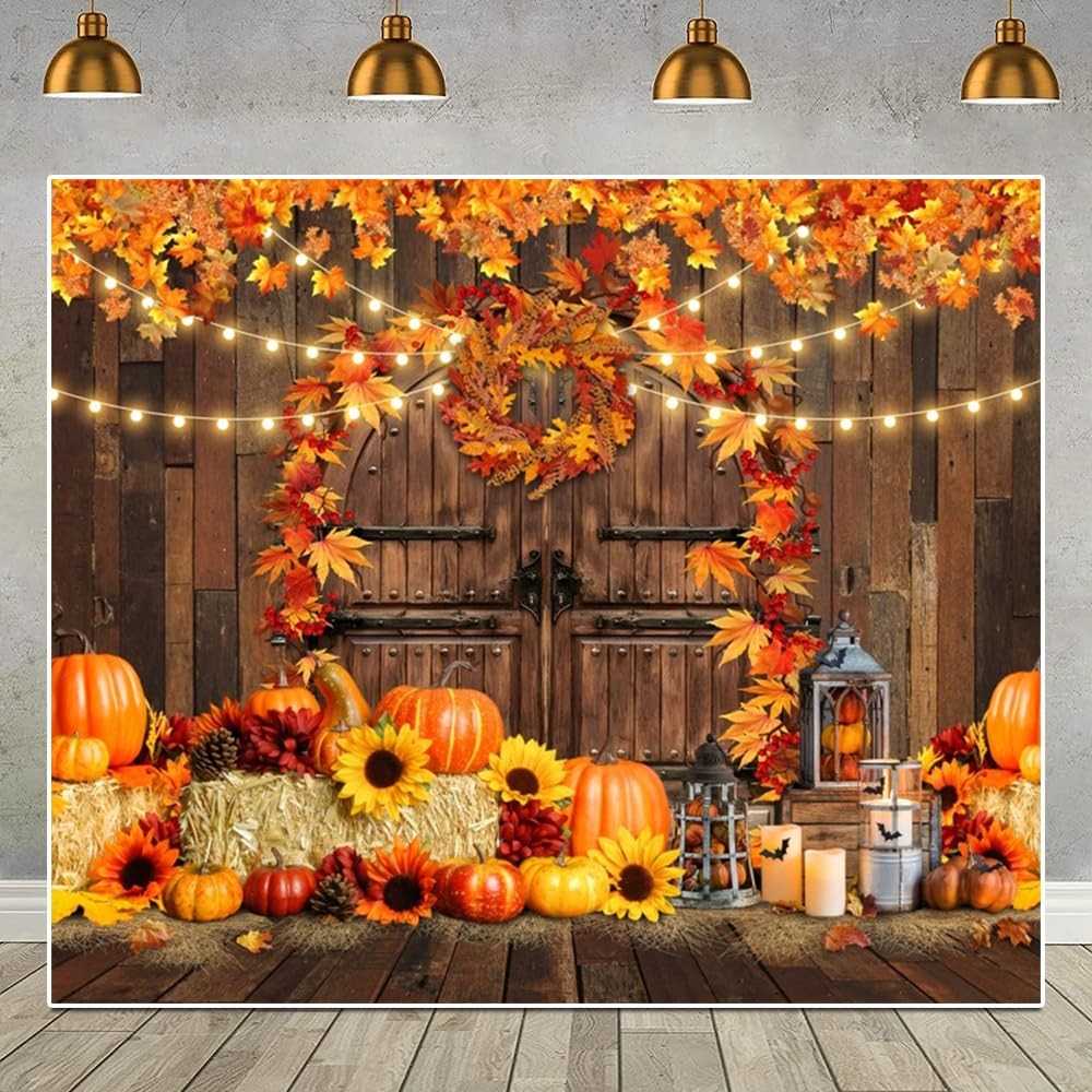 Fall Harvest Backdrop Fabric Wood Barn Thanksgiving Party Pumpkin 10×8 Ft