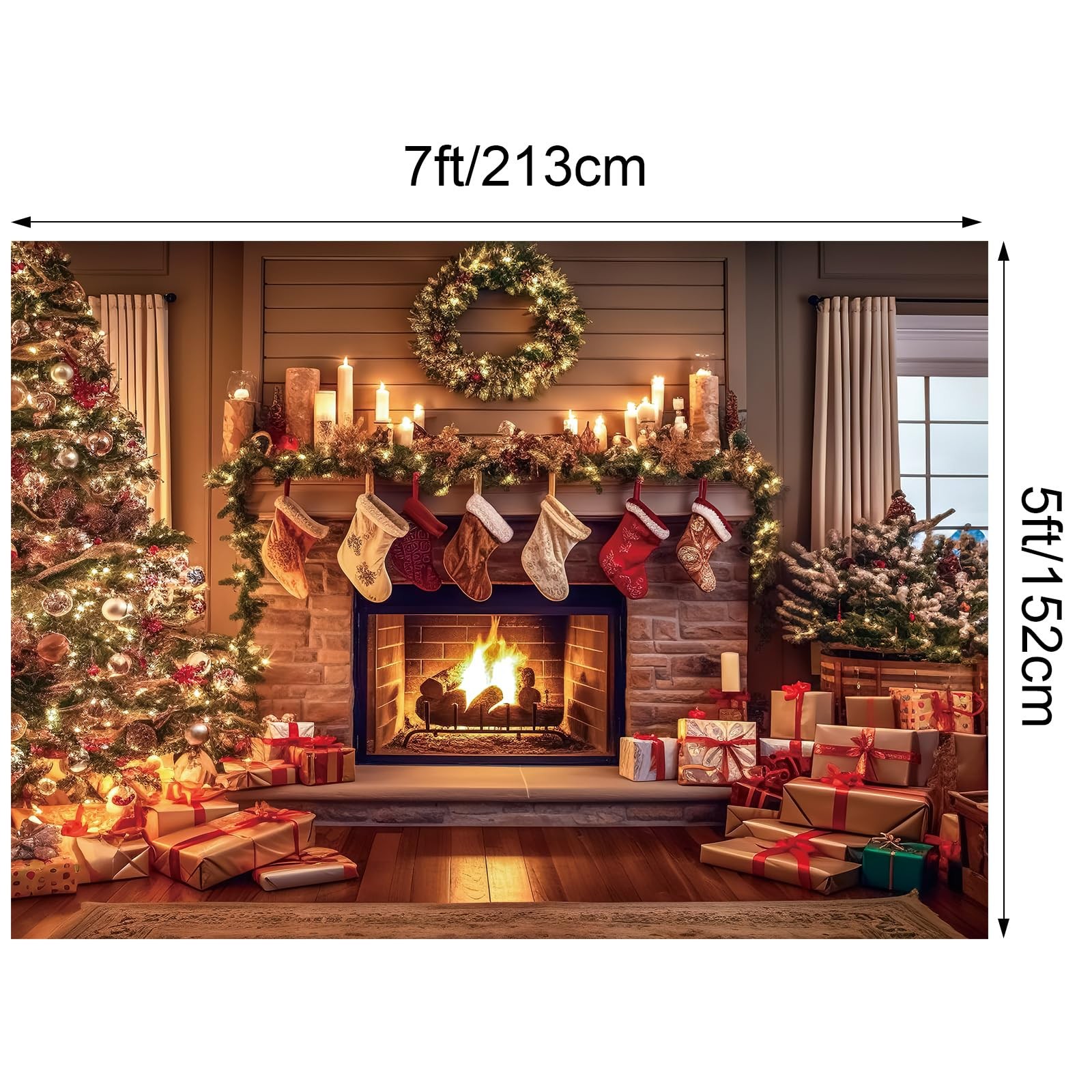 Christmas Fireplace Backdrop, 10 x 8 ft, Xmas Tree Stocking, Polyester, Photo